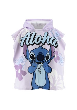 Lila Kapuzenhandtuch für Kinder mit einer blauen Cartoon-Außerirdischen-Figur und großem "Aloha"-Schriftzug, verziert mit Blumenmustern.