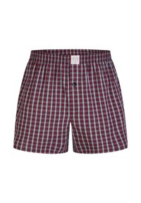 Červené a námořnické kostkované boxerky vyrobené z lehkého bavlněného materiálu, s knoflíkovým zapínáním a elastickým pasem s logem.