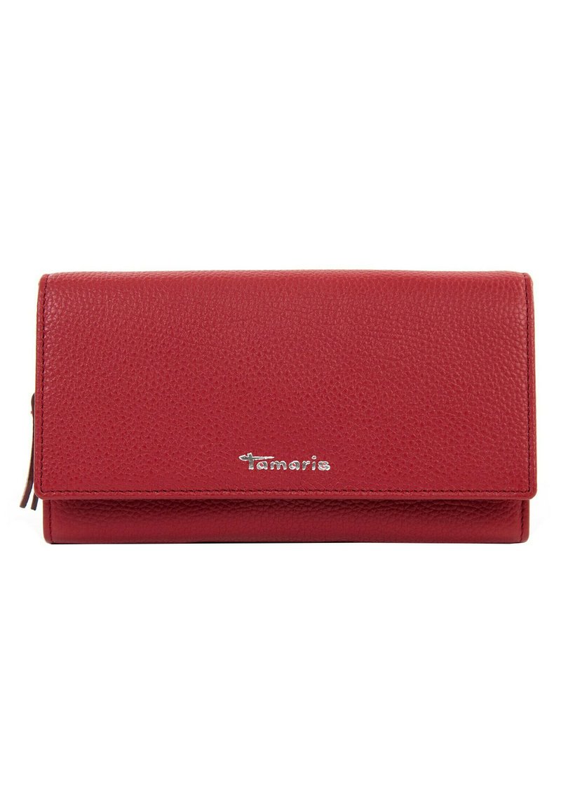 Red leather wallet with a textured finish, featuring a silver logo and a zippered compartment on the side. Rectangular shape.