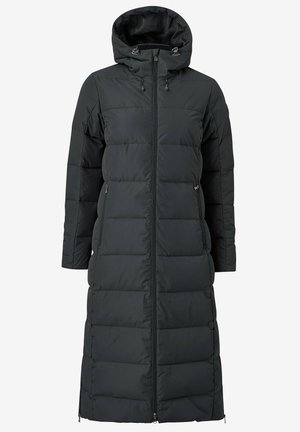Cappotto imbottito lungo e nero con cappuccio, dotato di zip frontale, dettagli elastici e sezioni cucite per l'isolamento. Tessuto testurizzato e resistente all'acqua.