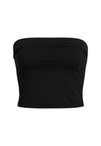 Top negru fără bretele cu un design ajustat, realizat dintr-un material moale, având o textură netedă și margini curate. Fără modele sau accente suplimentare.