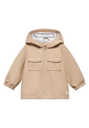 Giacca beige con cappuccio per bambini, con cerniera frontale, due tasche sul petto con bottoni, polsini elasticizzati e fodera interna a strisce.