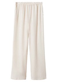 Pantalon ample taille haute en tissu beige clair. Comprend une ceinture élastique et des poches latérales, avec des jambes droites et une texture lisse.