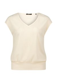 Cream-colored blouse with a V-neck, short cap sleeves, and a slightly gathered waistline. Made of lightweight, textured fabric.