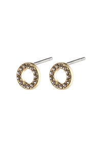 Pendientes de aro dorados con un diseño circular, adornados con strass transparentes a lo largo del borde exterior; postes de metal plateado para el cierre.