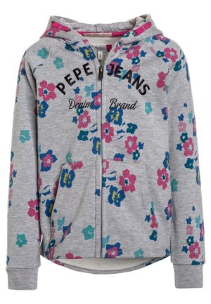 Grå hættetrøje med lynlås, farverige blomster i pink, blå og teal, forlommer og teksten "Pepe Jeans Denim Brand" på brystet.