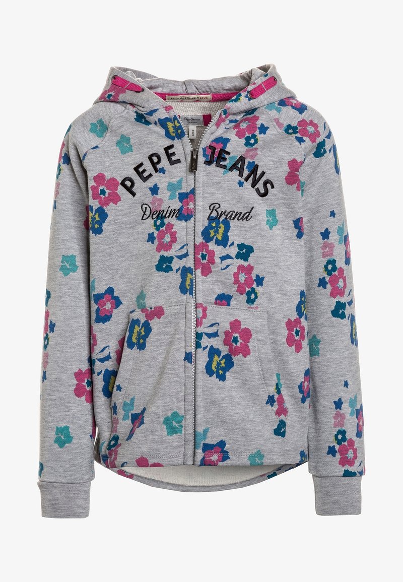 Sweat à capuche gris avec fermeture éclair, motifs floraux colorés en rose, bleu et turquoise, poches avant, et texte "Pepe Jeans Denim Brand" sur la poitrine.