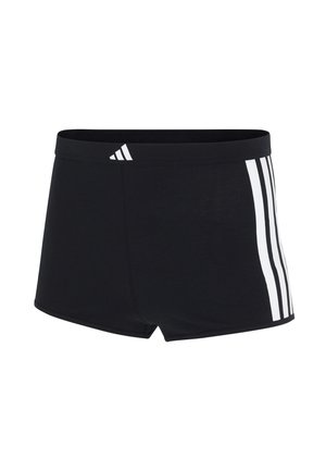 Čierne plavecké šortky s tromi bielymi pruhmi na boku a malým bielym logom Adidas na prednej strede pásu.