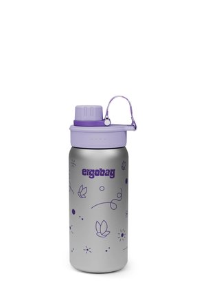 Edelstahl-Wasserflasche mit silberner Oberfläche, verziert mit lila Akzenten und Blumenmustern. Der Deckel hat eine integrierte Trageschlaufe.