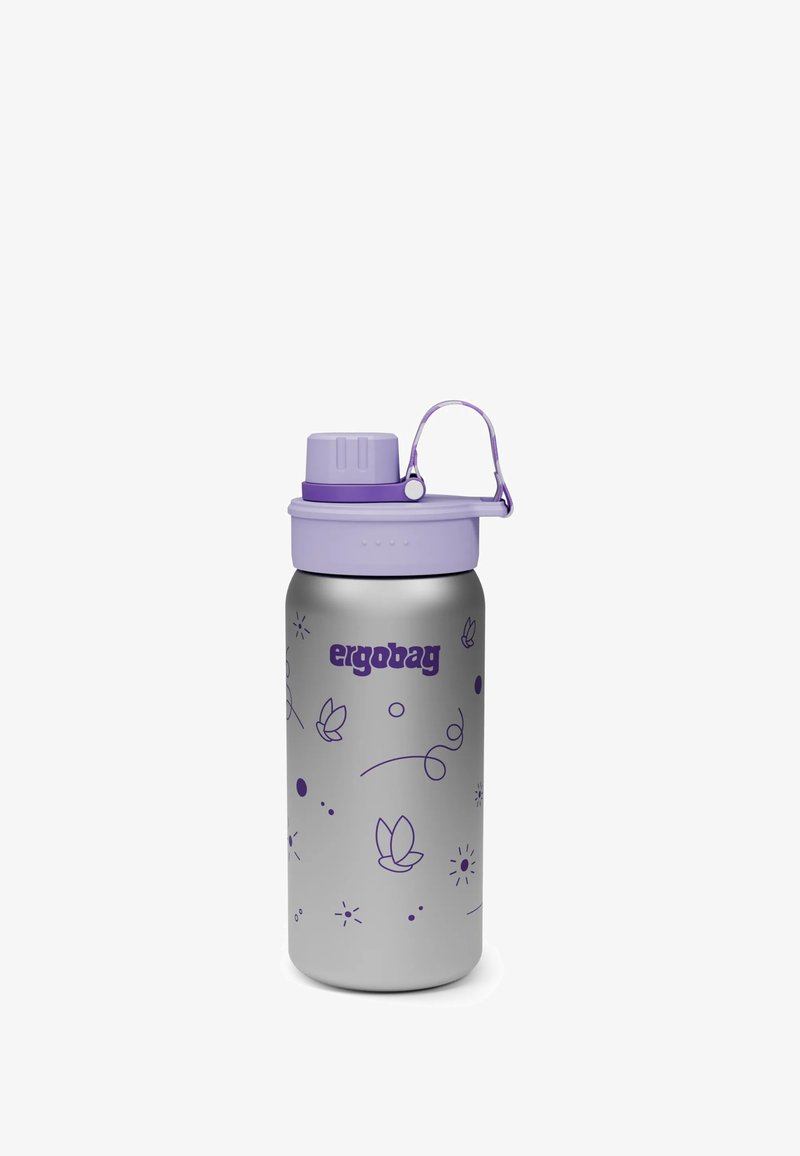 Edelstahl-Wasserflasche mit silberner Oberfläche, verziert mit lila Akzenten und Blumenmustern. Der Deckel hat eine integrierte Trageschlaufe.