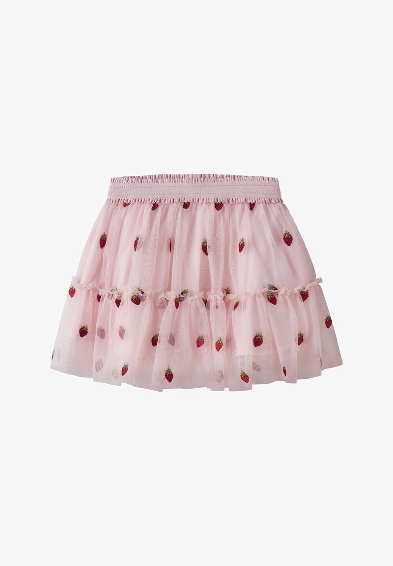 Jupe en tulle rose avec ceinture élastique, décorée de broderies de fraises rouges et de volants autour du milieu et de l'ourlet.