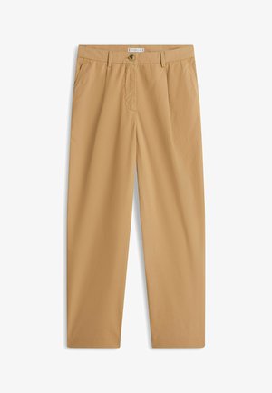 Pantaloni bej cu croială dreaptă, închidere cu nasturi, buzunare laterale, bucle pentru curea și finisaj fără cute.