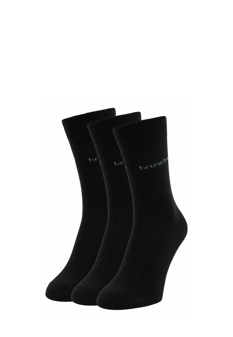 Tre par sorte bomuldsstrømper med ribbet design og forstærket hæl. Hver strømpe har et logo nær den øverste kant.