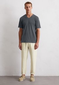 Grijs V-hals T-shirt met korte mouwen, gecombineerd met lichtgele tapered broek en beige casual schoenen op een neutrale achtergrond.