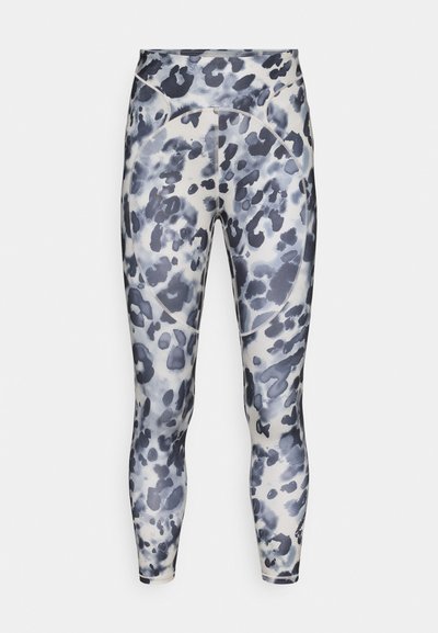 Leggings made of stretchy fabric, featuring a watercolor leopard print in shades of blue and gray, with a high waistband and fitted design.