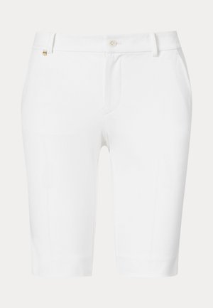 Hvite skreddersydde shorts med knappelukking, beltestropper og sidelommer; glatt stoff med en skarp finish, knelengde design.