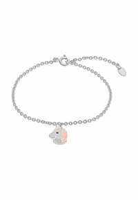 Silverfärgad kedjearmband med ett litet enhörningshuvud som prydnad, med rosa man och rhinestones på en vit bakgrund.