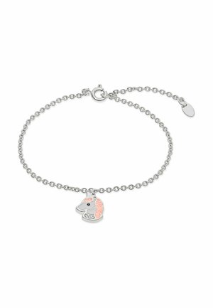 Silberne Kettenarmband mit einem kleinen Einhornkopfschmuck, der eine pinke Mähne und Strassdetails auf einem weißen Hintergrund zeigt.