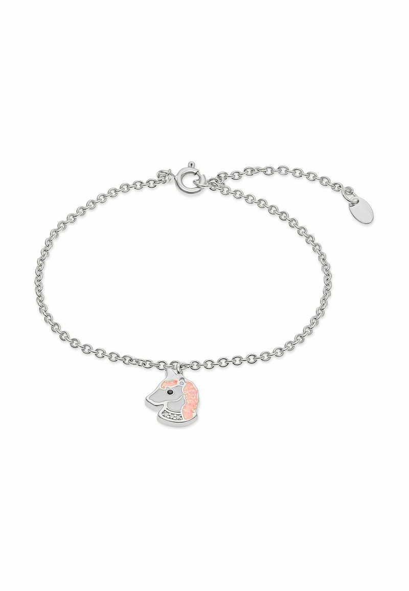 Silverfärgad kedjearmband med ett litet enhörningshuvud som prydnad, med rosa man och rhinestones på en vit bakgrund.