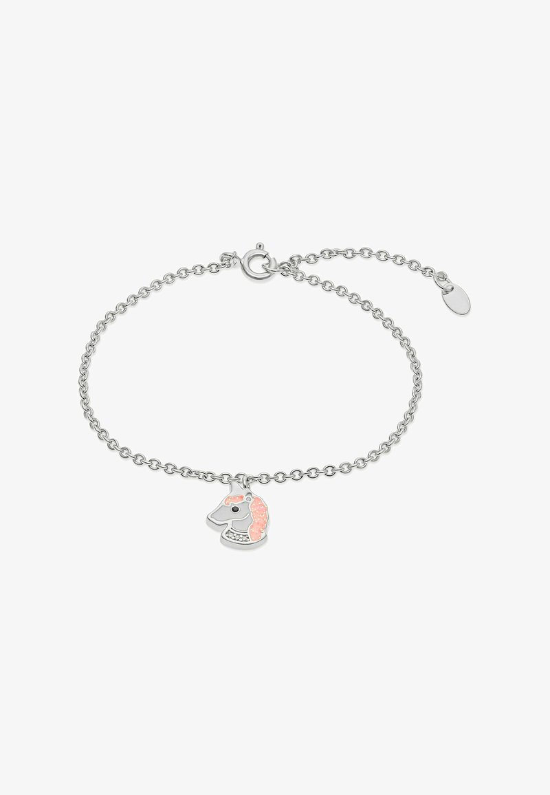 Silverfärgad kedjearmband med ett litet enhörningshuvud som prydnad, med rosa man och rhinestones på en vit bakgrund.