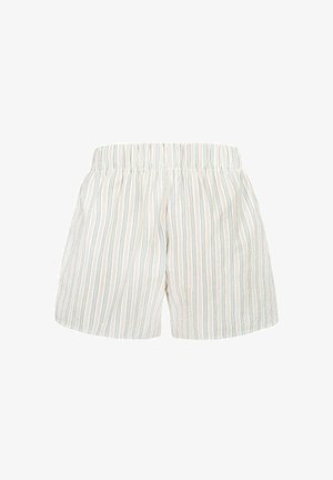 Spodenki w paski z lekkiego materiału, z elastycznym pasem. Kolory obejmują biały, niebieski oraz pastelowe odcienie. Odpowiednie do codziennego noszenia.