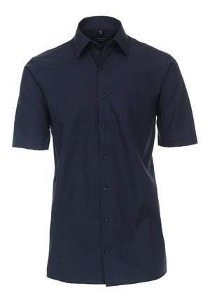 Kurzärmeliges, knöpfbares Hemd in dunkeltiefblau. Verfügt über eine einzelne Brusttasche und dunkle Knöpfe aus einem glatten, leichten Stoff.