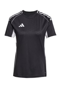 Zwart sport T-shirt met witte accenten, korte mouwen, ronde hals, voorzien van drie strepen op de schouders, gemaakt van vochtafvoerend materiaal.