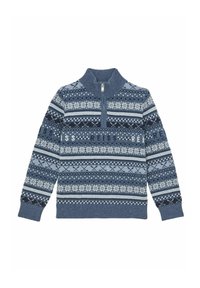 Plavi pleteni pulover s četvrtastim zipom, ukrašen geometrijskim uzorcima u svijetloplavoj i bijeloj boji, s natpisom "REISS" na prsima.