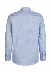 Lichtblauw shirt met lange mouwen van katoen. Heeft een geruit patroon, knopen manchetten en een klassieke kraag. Achteraanzicht weergegeven.