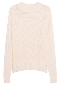 Pull en tricot blanc cassé, présentant un motif texturé, un col rond et des manches longues. L'ourlet est légèrement court avec un détail côtelé.