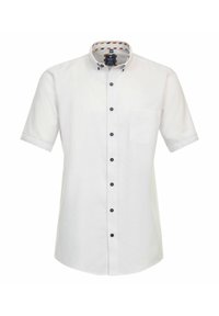 Weißes Kurzarmhemd mit Button-Down-Kragen, marineblauen Knöpfen und einem gemusterten Futter im Kragen. Verfügt über eine Brusttasche.