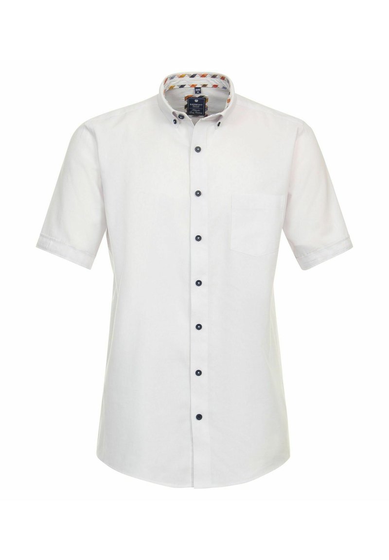 Weißes Kurzarmhemd mit Button-Down-Kragen, marineblauen Knöpfen und einem gemusterten Futter im Kragen. Verfügt über eine Brusttasche.