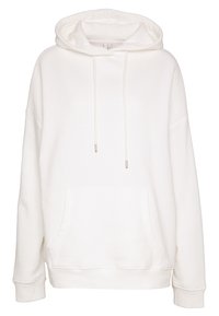 Biała bluza z kapturem, wykonana z miękkiej bawełny, z kapturem, sznurkiem ściągającym, kieszenią z przodu oraz ściągaczami na rękawach, w luźnym kroju.
