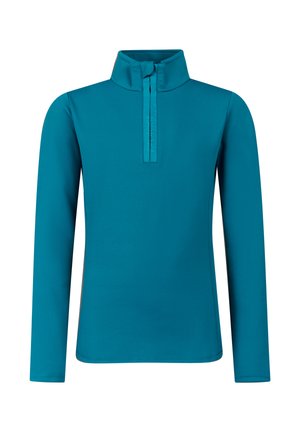 Turquoise lange mouwen pullover met een hoge kraag en een kwart ritssluiting aan de voorkant.