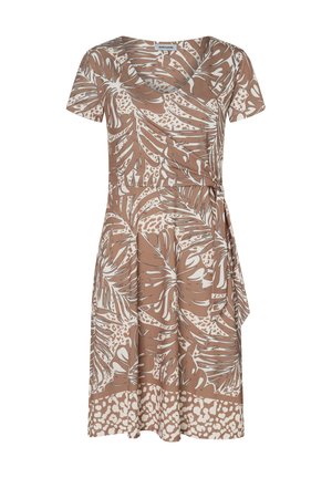 Kurzärmeliges Wickelkleid mit V-Ausschnitt, beige-weißem tropischem Blatt- und Tierdruck, knielang, mit seitlicher Bindung.