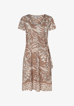 Korte mouw V-hals wikkeljurk met beige en witte tropische bladeren- en dierenprint, knielengte en een strikdetail aan de zijkant.