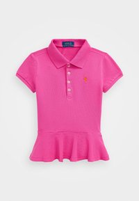 Camisa polo rosa de algodón, con cuello, mangas cortas, tapeta de botones y dobladillo acampanado. Incluye un pequeño logo bordado en el pecho.
