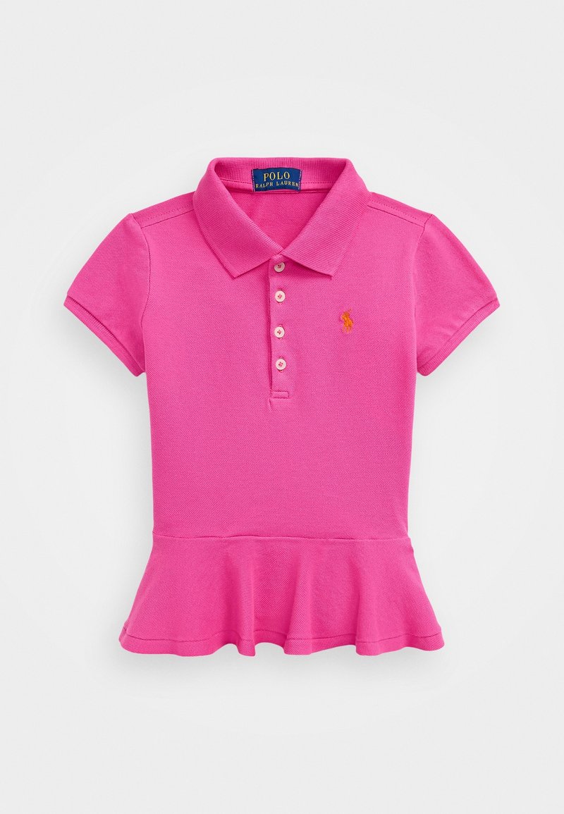 Camisa polo rosa de algodón, con cuello, mangas cortas, tapeta de botones y dobladillo acampanado. Incluye un pequeño logo bordado en el pecho.