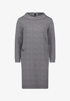 Graues kariertes Kleid mit einem Cowl-Ausschnitt, langen Ärmeln und dezenten seitlichen Reißverschlüssen. Hergestellt aus einem strukturierten Stoff mit taillierter Passform.