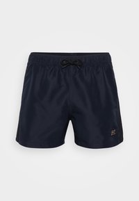 Shorts de bain bleu marine avec une taille élastique, un cordon de serrage et des panneaux latéraux en mesh. Présente un petit logo de marque sur le bas droit à l'avant.
