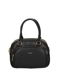 Borsa nera in materiale sintetico con due scomparti con cerniera, doppi manici e accessori in tonalità oro. Superficie texturizzata con dettagli in rilievo.
