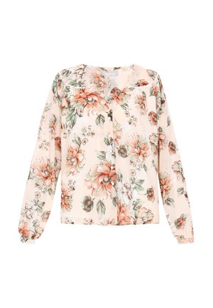 Virágmintás blúz könnyű, áttetsző anyagból, pasztell rózsaszín, barack és zöld színek keverékével, hosszú ujjakkal és gombos záródással.