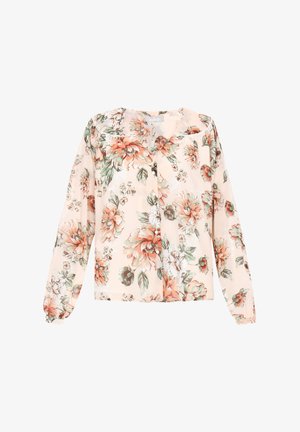 Blomstret bluse i let, gennemsigtig stof med en blanding af pastelfarver som pink, fersken og grøn. Blusen har lange ærmer og knaplukning.