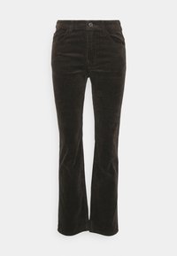Pantalons évasés en velours côtelé marron avec une surface texturée, dotés d'une taille haute, de cinq poches et d'une fermeture à bouton.