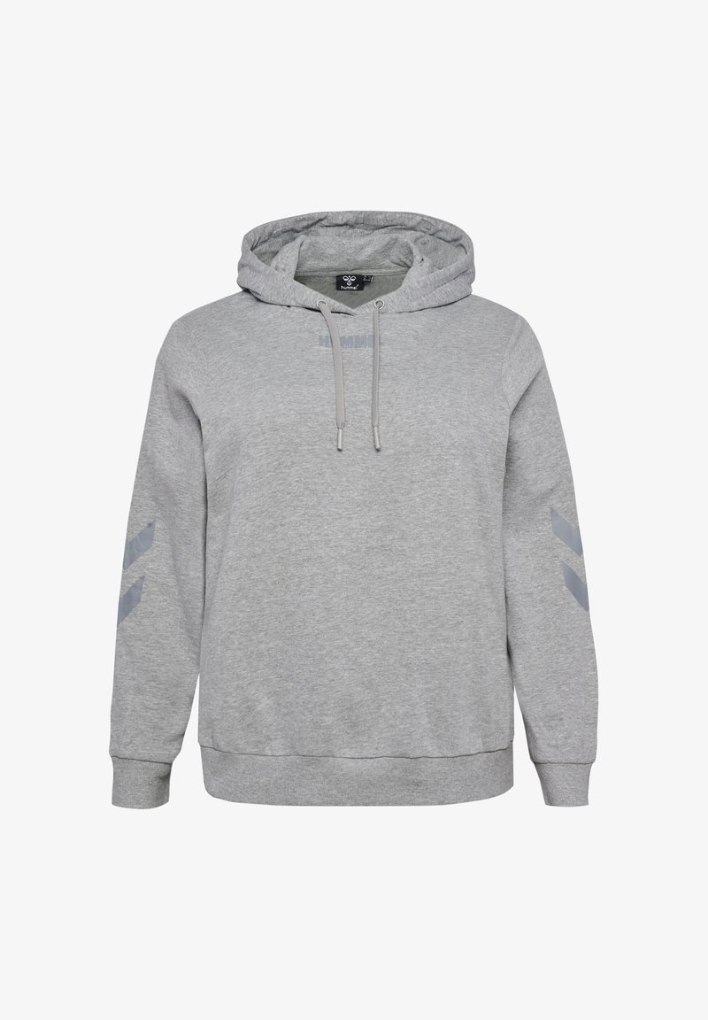 Grå hoodie med snörning, med en mjuk textur, ribbade manschetter och två grå chevronmönster på varje ärm.