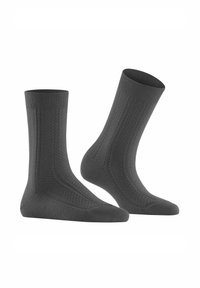 Chaussettes grises texturées avec un volant côtelé, présentant un design à motifs et un renfort au talon et aux orteils pour plus de durabilité.