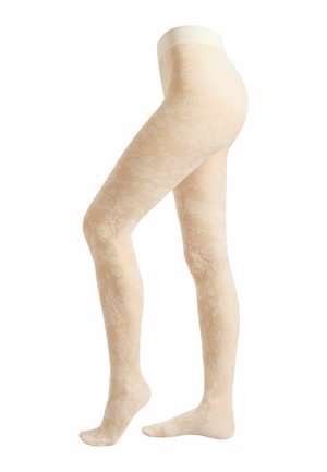 Beige floral patterned tights made of sheer material, featuring a wide, soft waistband and subtle texture throughout the fabric.