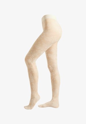 Beige floral patterned tights made of sheer material, featuring a wide, soft waistband and subtle texture throughout the fabric.