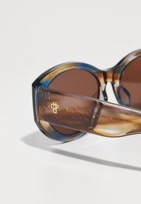 Lunettes de soleil teintées marron avec de grandes lentilles rondes et une monture marbrée bleue et marron. Les branches présentent un logo doré en relief.