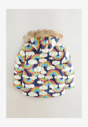 Giacca imbottita con sfondo blu navy decorata con arcobaleni colorati e nuvole bianche, con cappuccio foderato in pelliccia.
